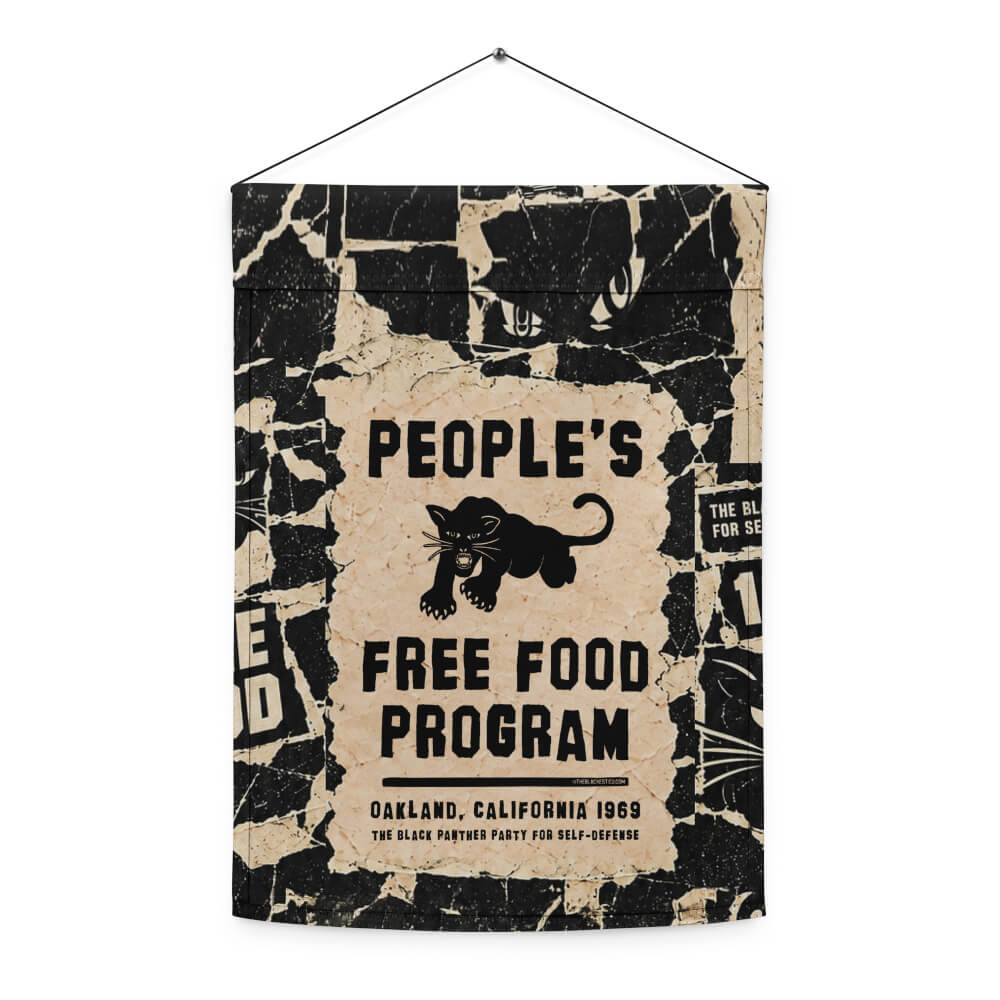 People's Free Food Program garden flag hanging from a wire, showing the full Black Panther Party design
