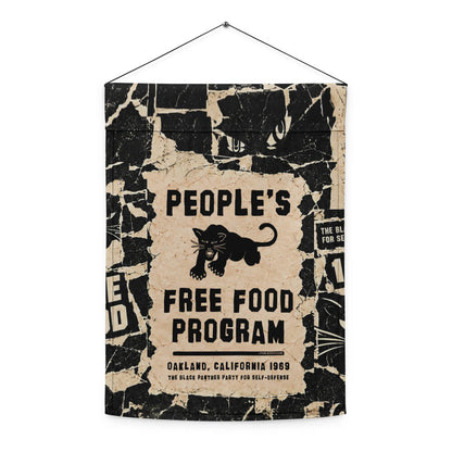 People's Free Food Program garden flag hanging from a wire, showing the full Black Panther Party design