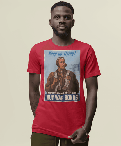 man in red t-shirt with graphic design of tuskegee airmen that reads keep us flying