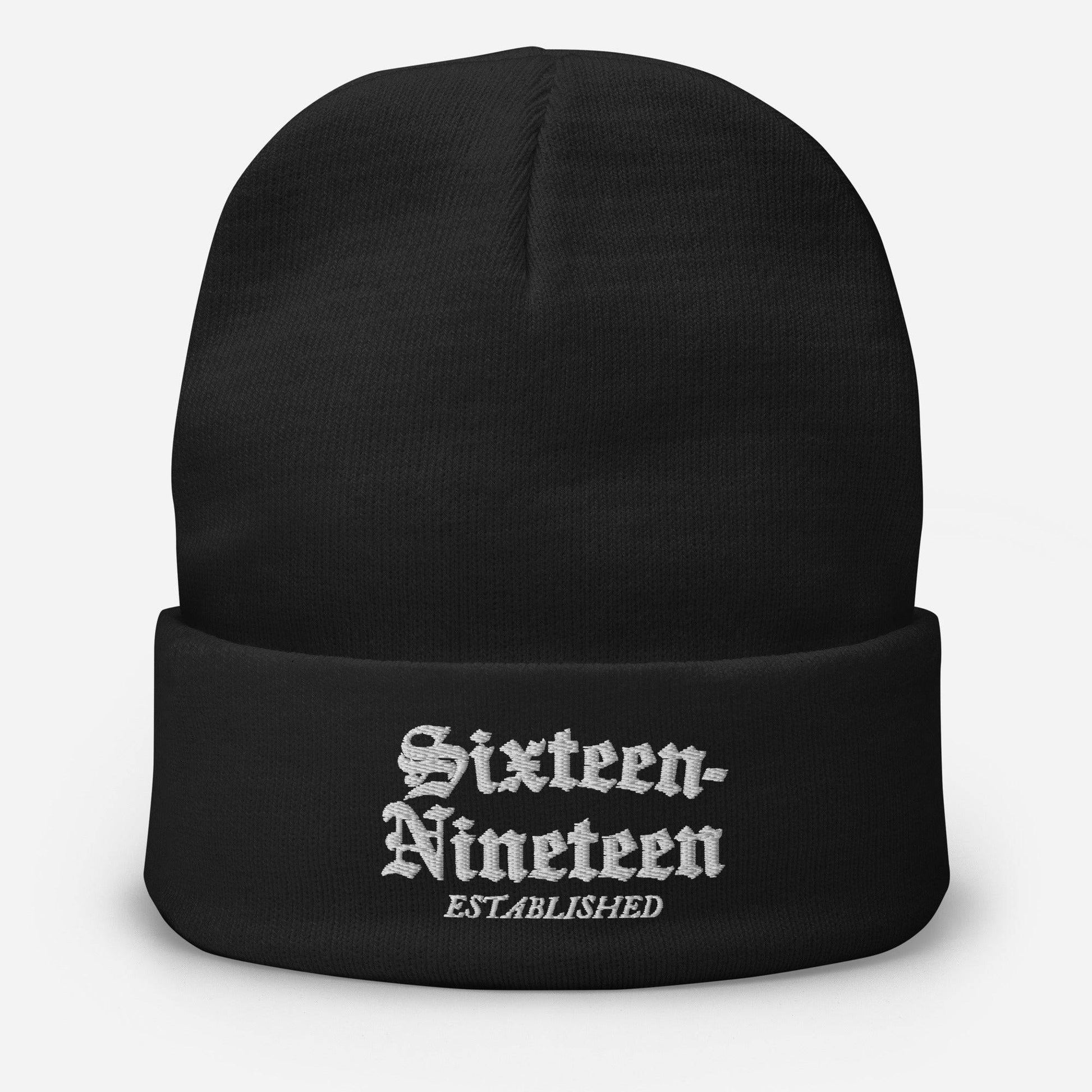 black beanie with sixteen nineteen embroidery