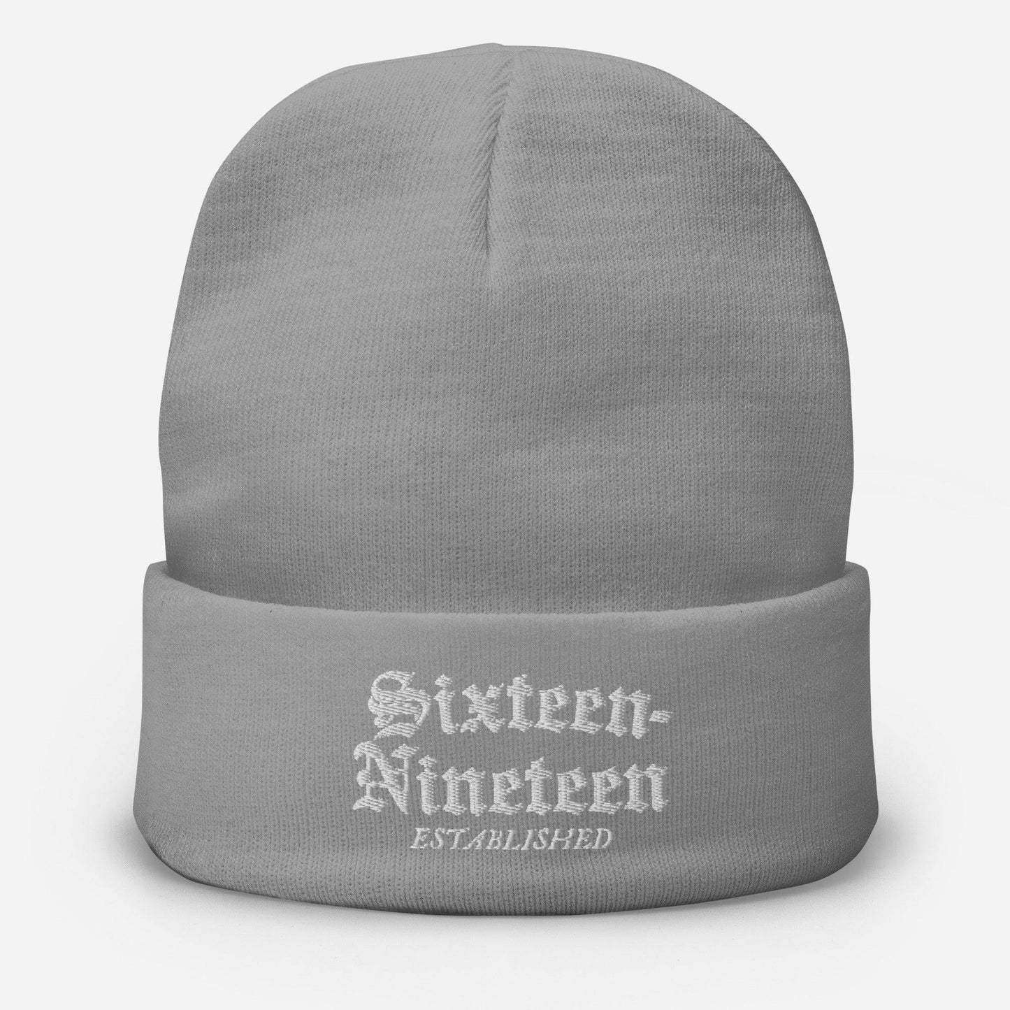 grey beanie with sixteen nineteen embroidery