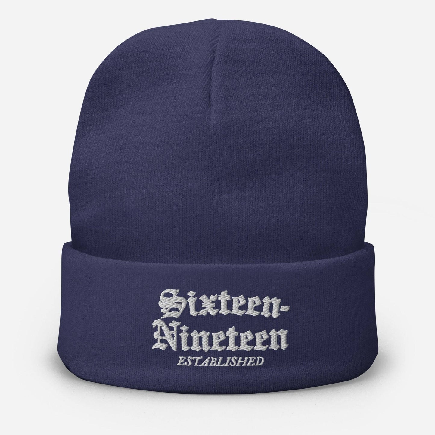 navy beanie with sixteen nineteen embroidery