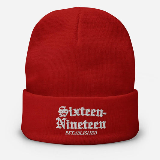 red beanie with sixteen nineteen embroidery