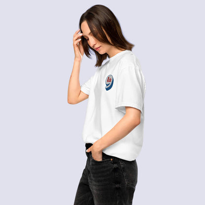 Woman in white t-shirt with red white blue embroidery