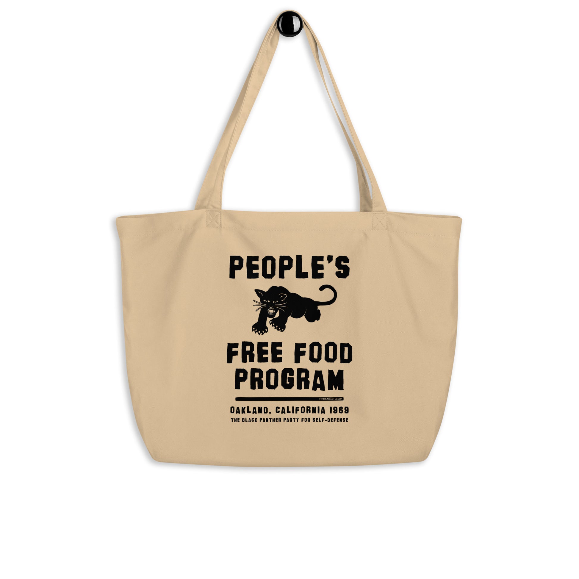 Beige eco-friendly tote bag with black logo and text