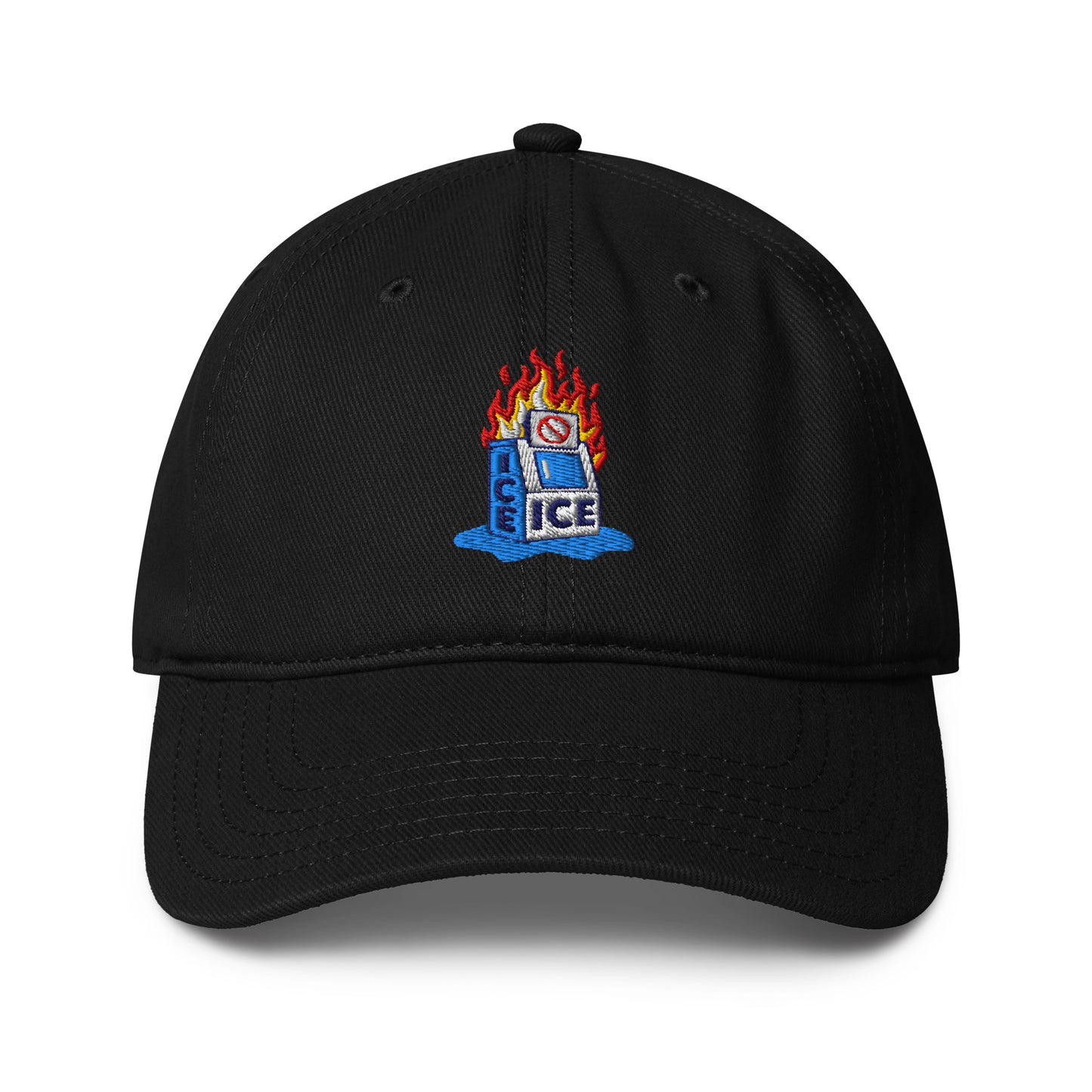 Black Abolish ICE Burning Machine Low-Profile Baseball Cap with embroidered flaming ICE machine graphic, curved visor, and unstructured 6-panel design.