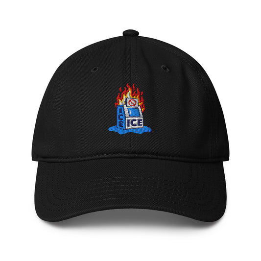 Black Abolish ICE Burning Machine Low-Profile Baseball Cap with embroidered flaming ICE machine graphic, curved visor, and unstructured 6-panel design.
