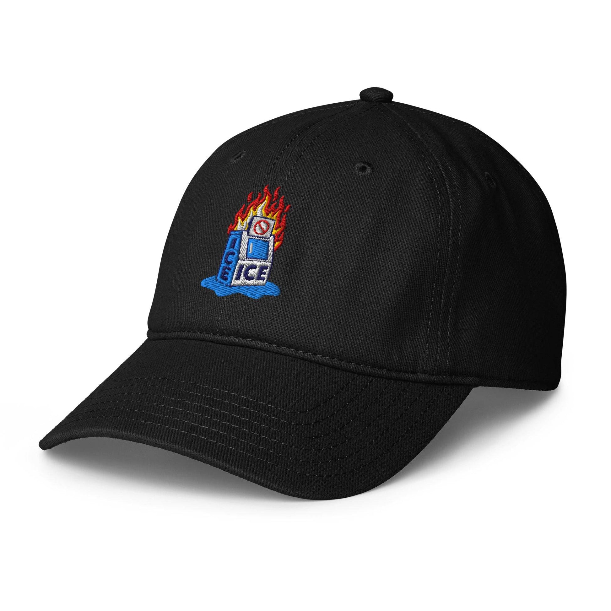 Side view of black Abolish ICE Burning Machine Baseball Cap showing curved brim, detailed embroidery, and low-profile fit for casual wear.
