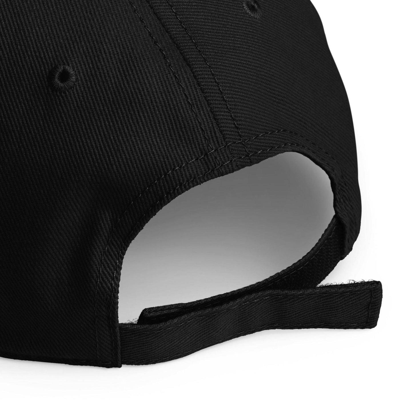 Close-up of adjustable strap on black Abolish ICE Burning Machine Baseball Cap, highlighting durable stitching and fabric texture.
