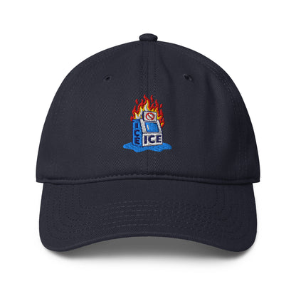Navy blue Abolish ICE Burning Machine Low-Profile Baseball Cap with bold embroidered protest graphic and soft unstructured crown.