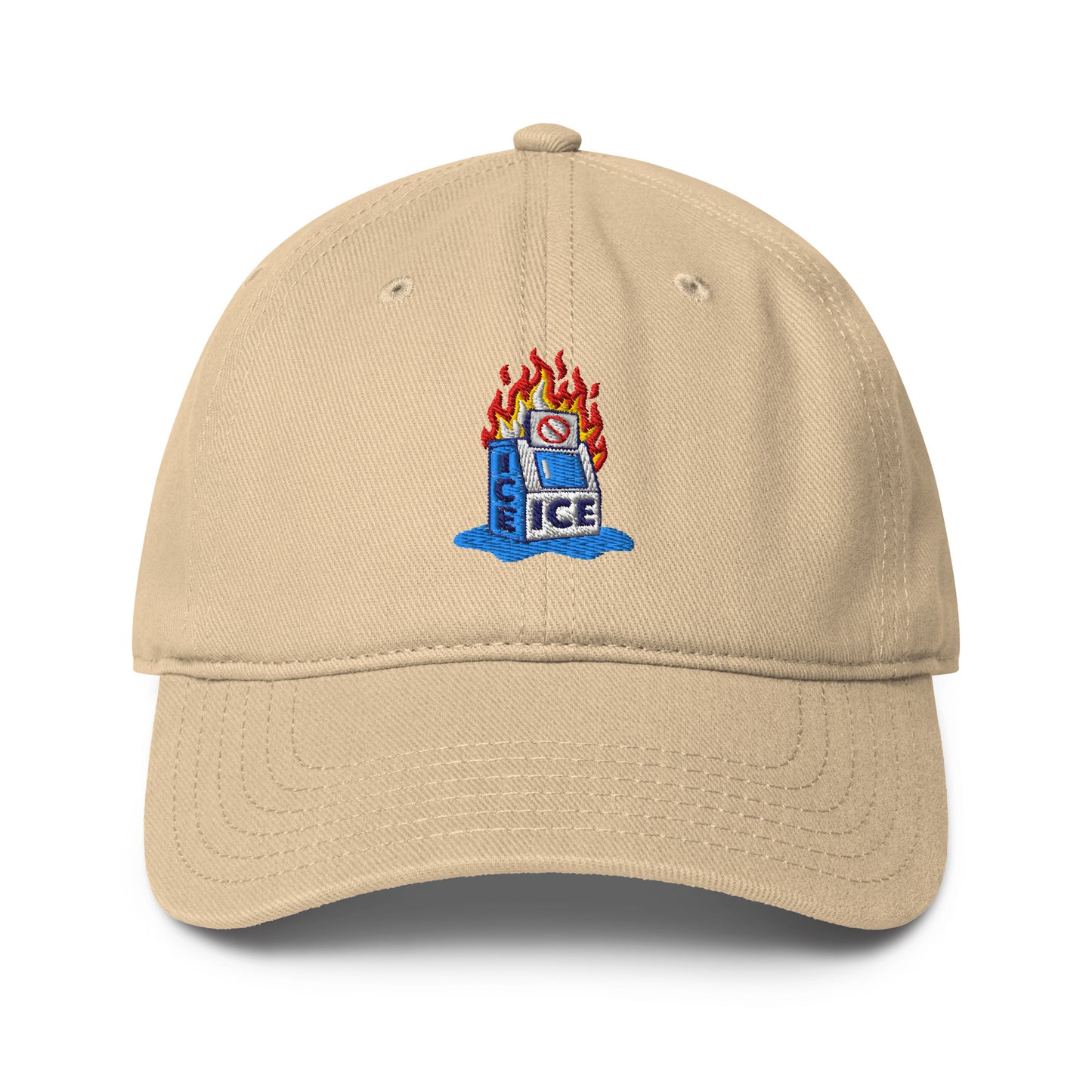 Khaki Abolish ICE Burning Machine Low-Profile Baseball Cap with colorful flame and ICE machine embroidery, ideal for protest fashion.