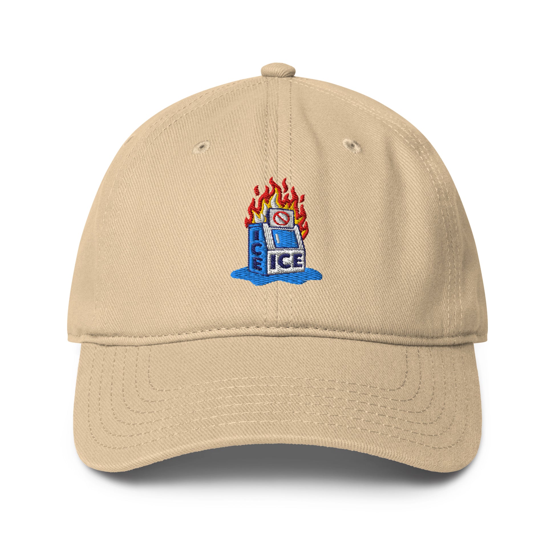 Khaki Abolish ICE Burning Machine Low-Profile Baseball Cap with colorful flame and ICE machine embroidery, ideal for protest fashion.