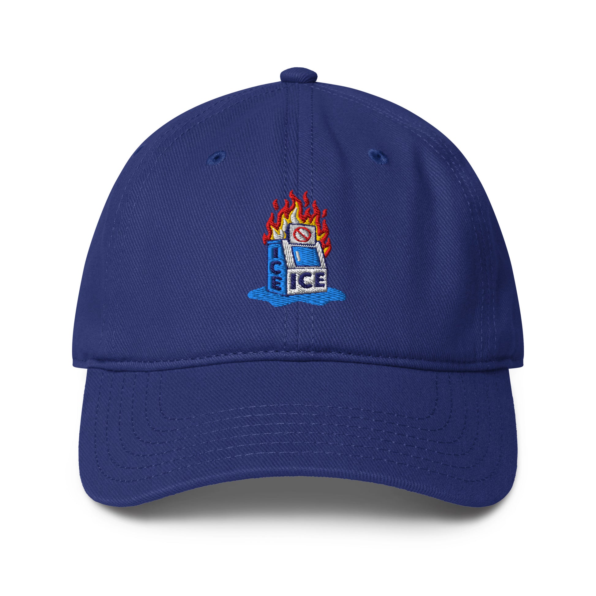 Royal blue Abolish ICE Burning Machine Baseball Cap featuring curved visor, vibrant embroidery, and relaxed dad cap silhouette.
