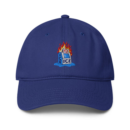 Royal blue Abolish ICE Burning Machine Baseball Cap featuring curved visor, vibrant embroidery, and relaxed dad cap silhouette.