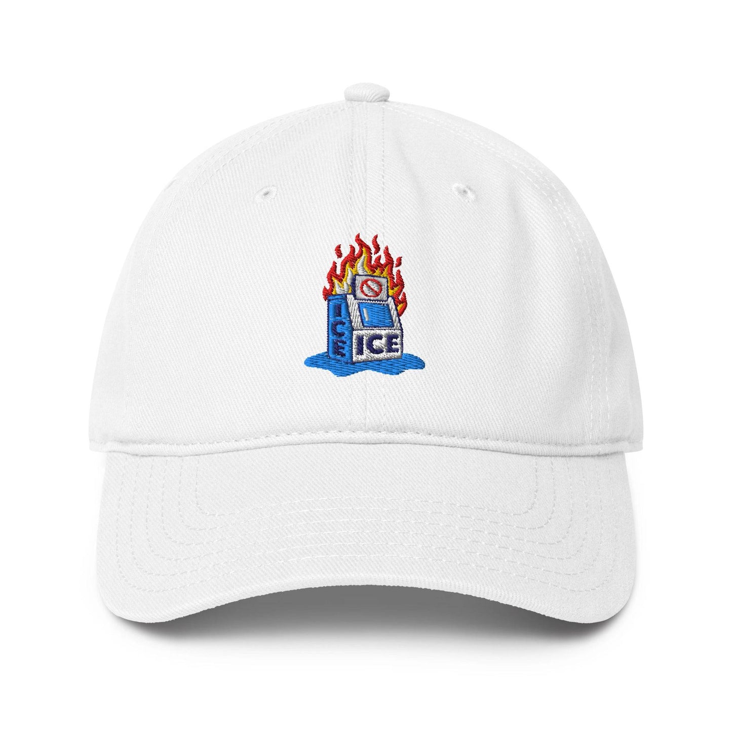 White Abolish ICE Burning Machine Baseball Cap with bold embroidered design, adjustable strap, and breathable cotton construction.