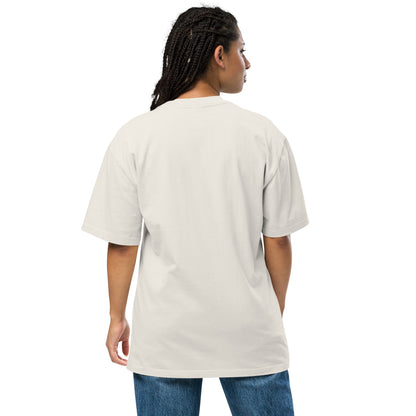 Back view of model in oversized t-shirt and jeans