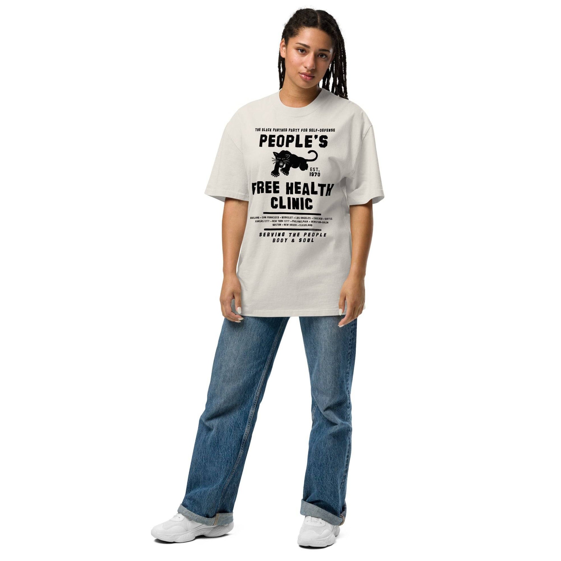 Model wearing People's Free Health Clinic BPP oversized t-shirt