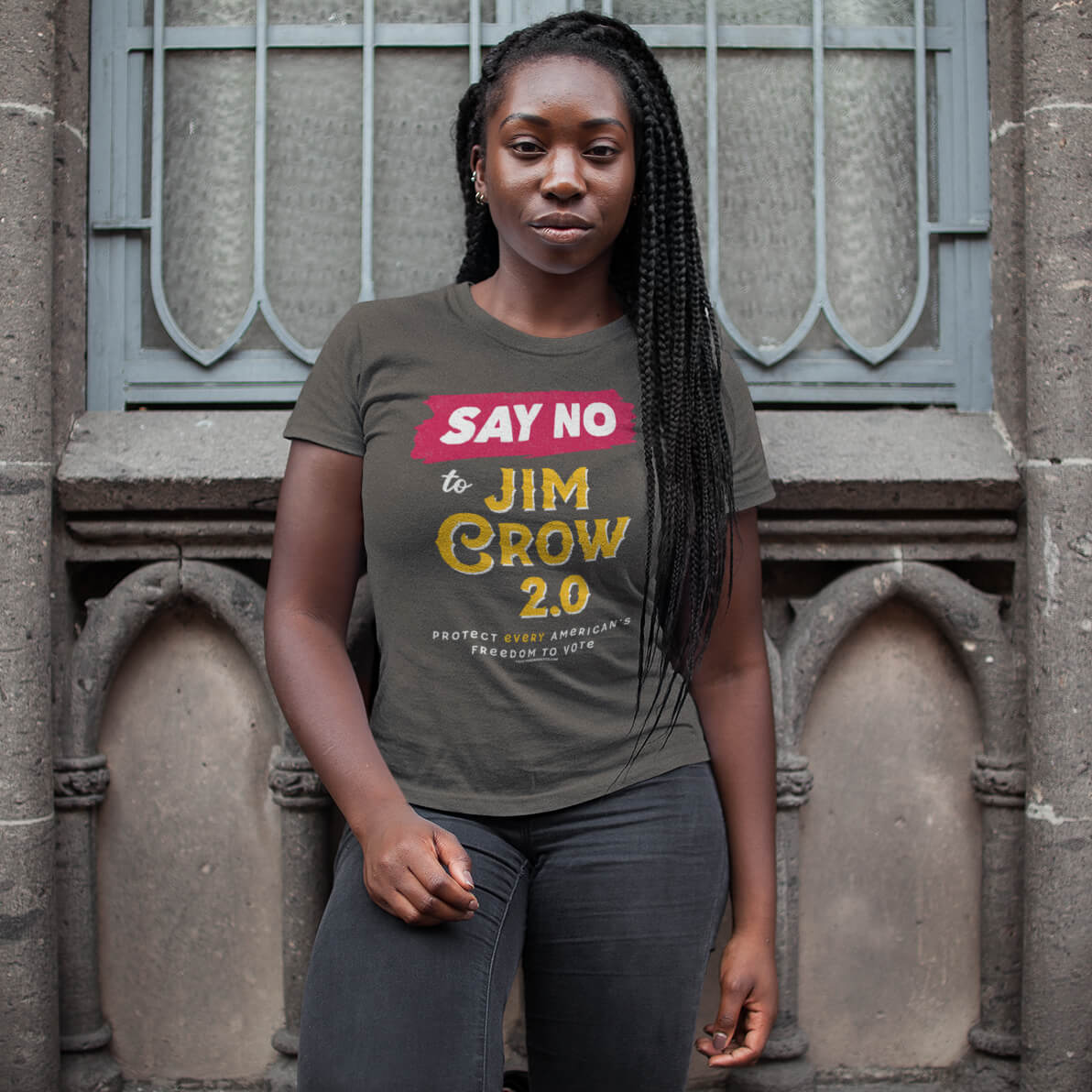 Woman wearing Say No To Jim Crow 2.0 T-Shirt