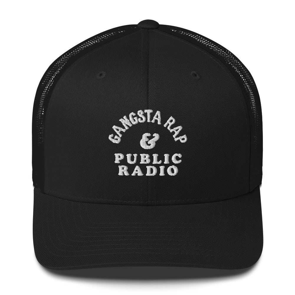 All-black Gangsta Rap & Public Radio Retro Trucker Cap by TheBlackest Co. with white embroidered text and black mesh back.