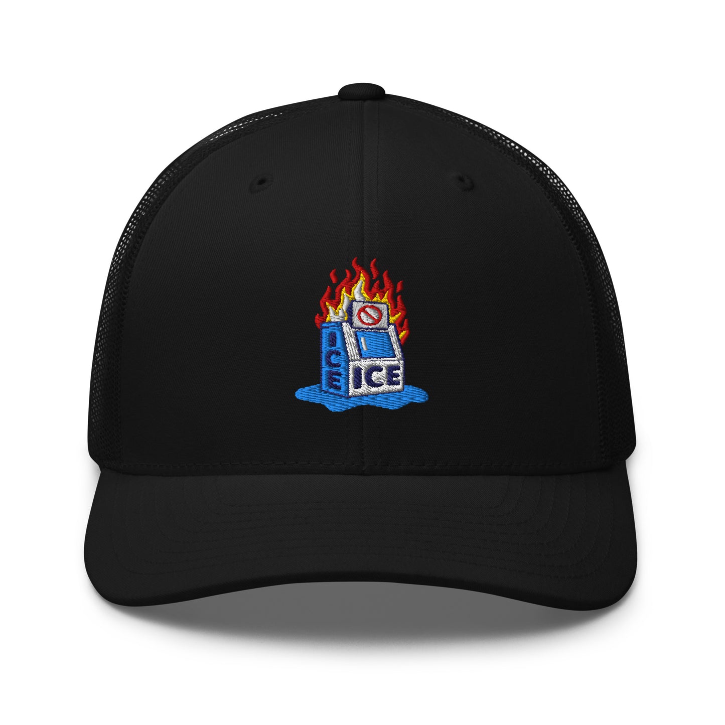 Black Abolish ICE Burning Machine Trucker Hat by TheBlackest Co. with bold embroidered flaming ice machine graphic and curved visor.