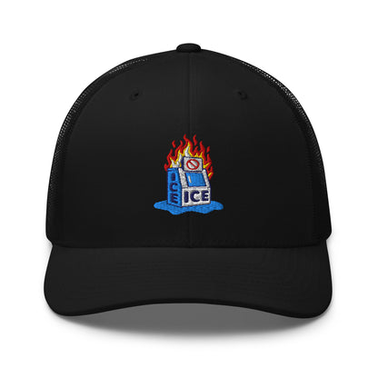Black Abolish ICE Burning Machine Trucker Hat by TheBlackest Co. with bold embroidered flaming ice machine graphic and curved visor.