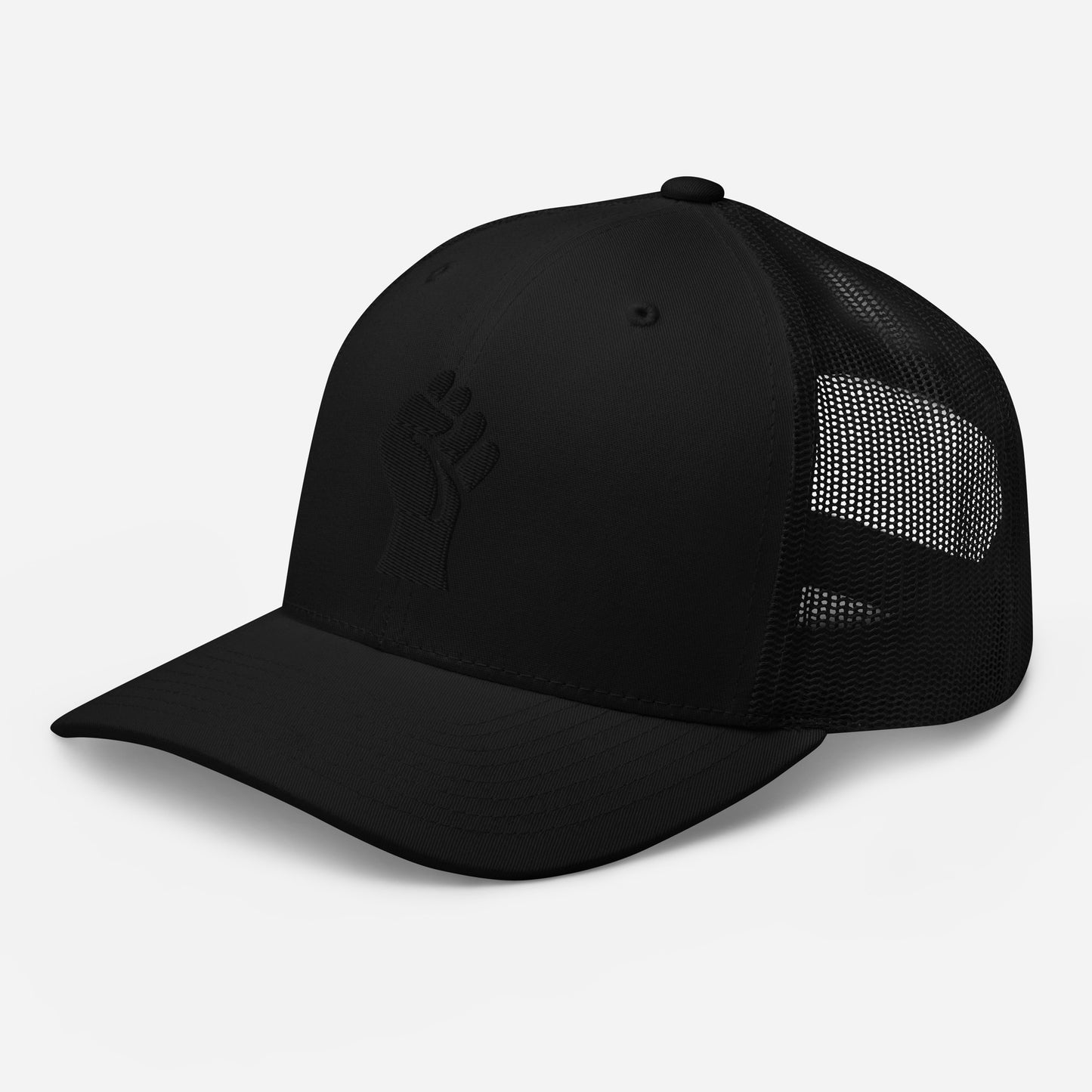 Side view of black embroidered Power Fist trucker cap