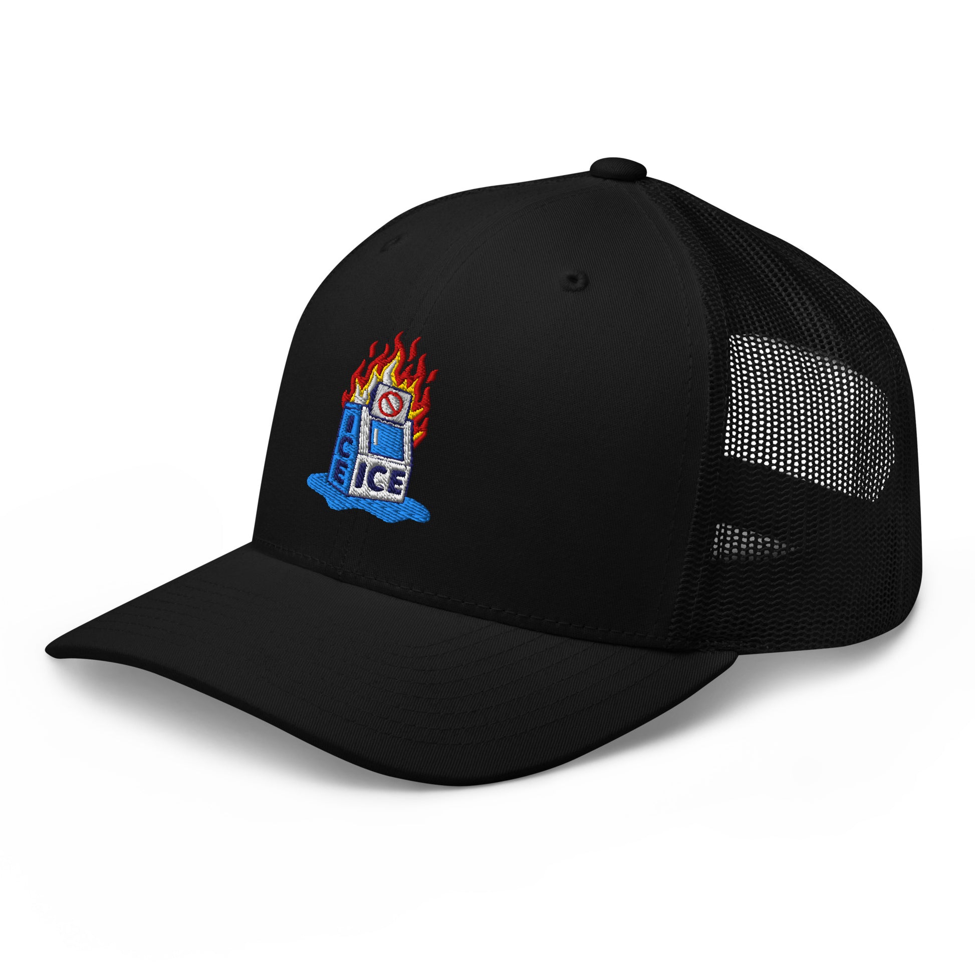 Side view of black Abolish ICE Burning Machine Trucker Hat by TheBlackest Co., showing mesh back and curved brim for breathable comfort.