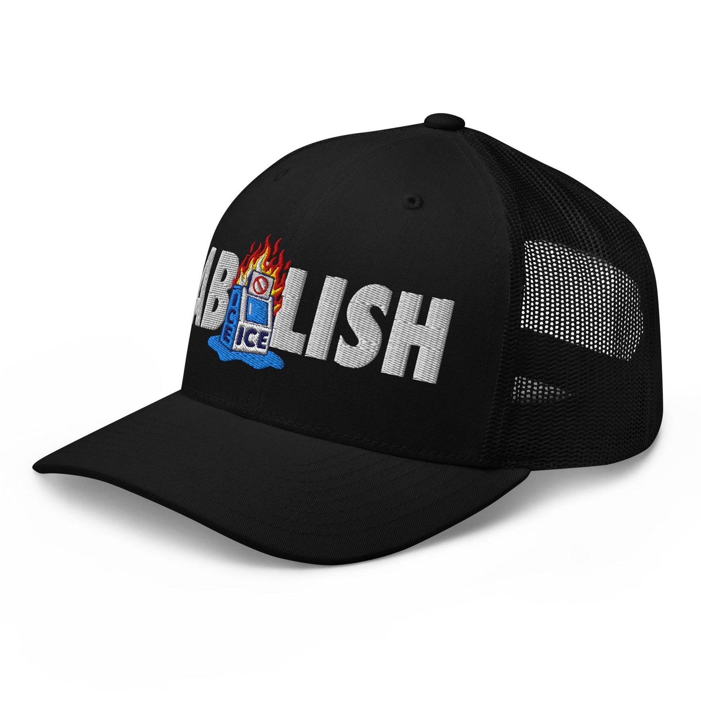 Side angle of black ABOLISH Burning ICE Machine Trucker Hat by TheBlackest Co. with curved visor and breathable mesh back design.