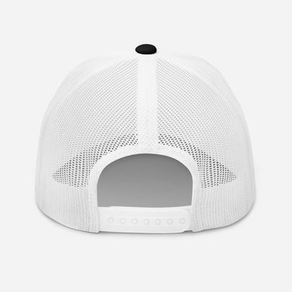 Rear view of Gangsta Rap & Public Radio Retro Trucker Cap showing adjustable white snapback closure and mesh ventilation.