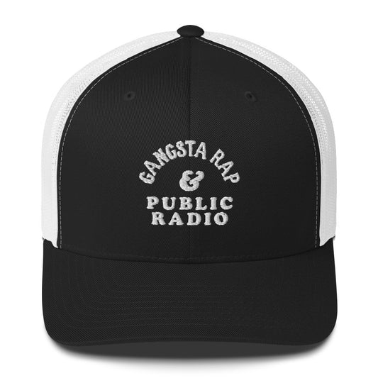 Front view of Gangsta Rap & Public Radio Retro Trucker Cap by TheBlackest Co., featuring bold white embroidery on a black and white mesh hat.