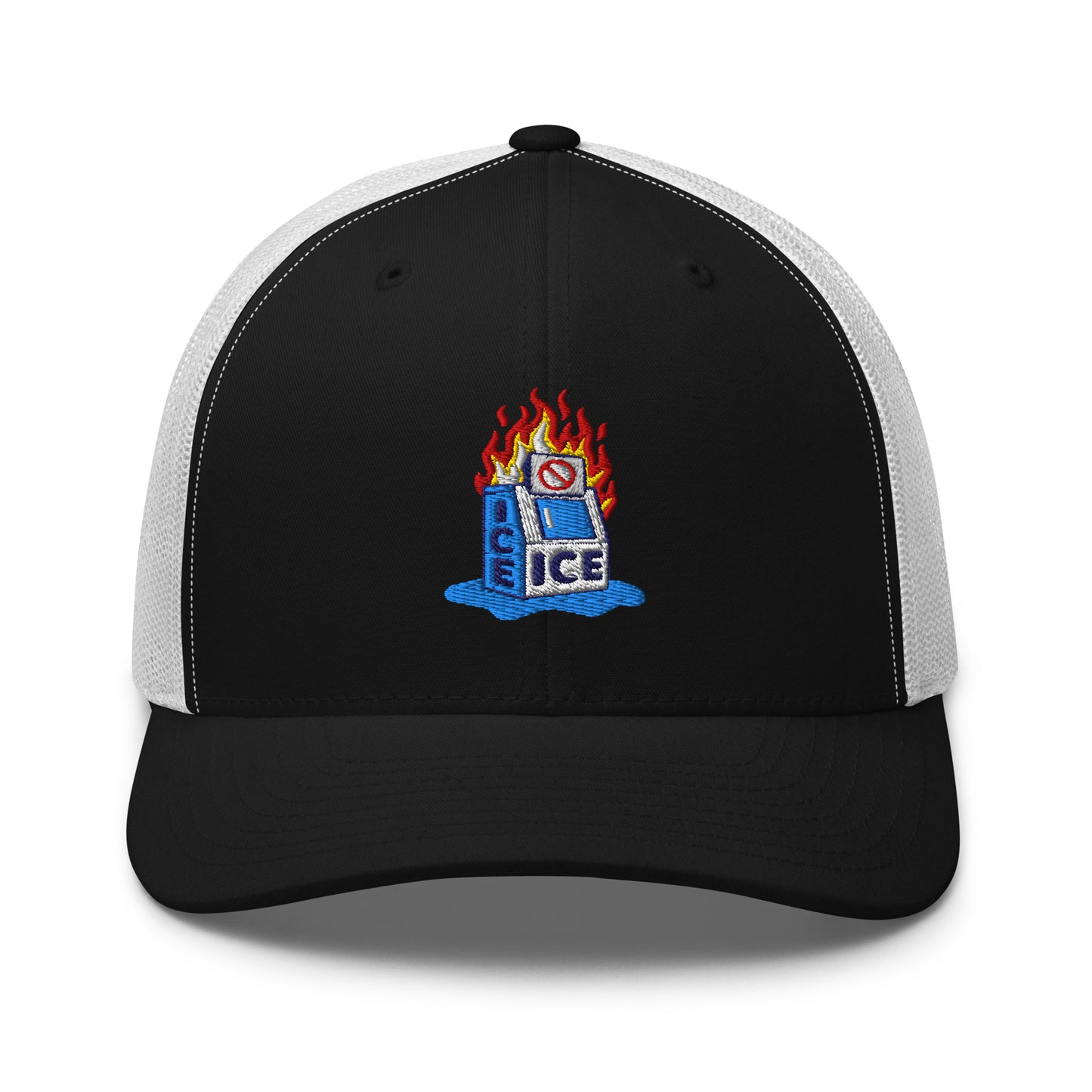 Black and white Abolish ICE Burning Machine Trucker Hat by TheBlackest Co., featuring bold embroidery and adjustable snapback fit.