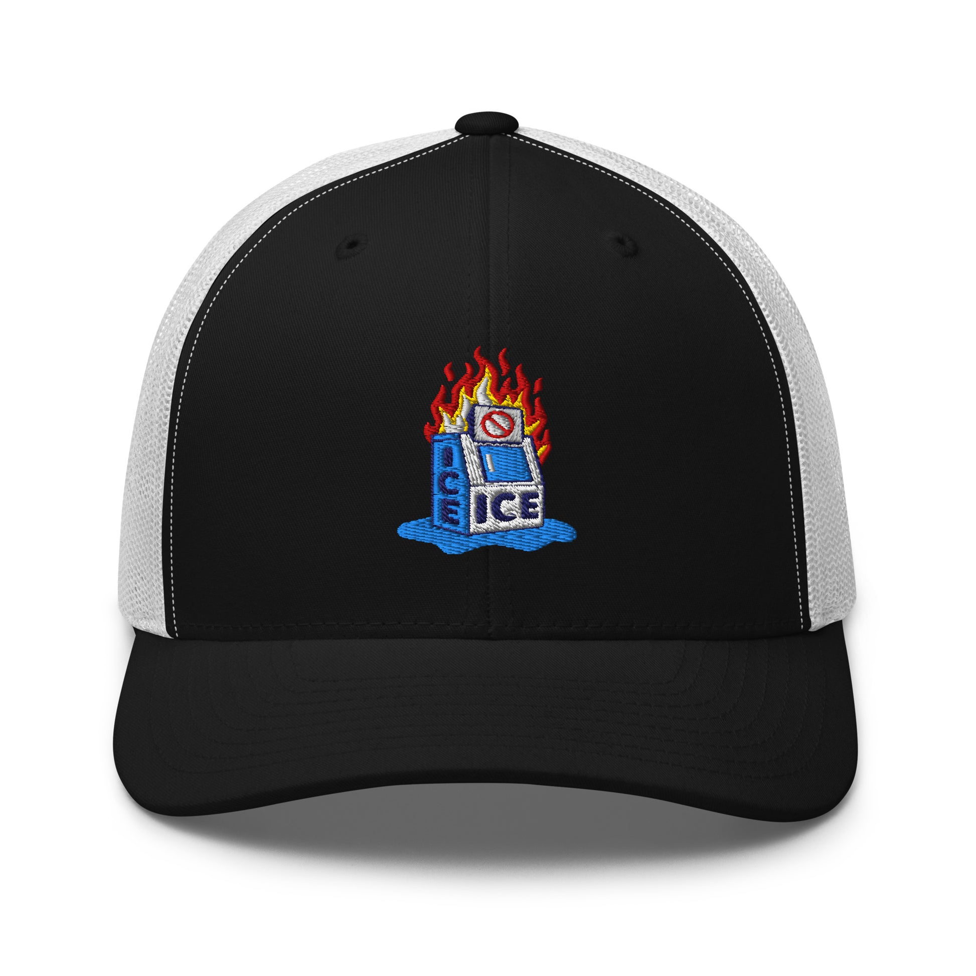 Black and white Abolish ICE Burning Machine Trucker Hat by TheBlackest Co., featuring bold embroidery and adjustable snapback fit.