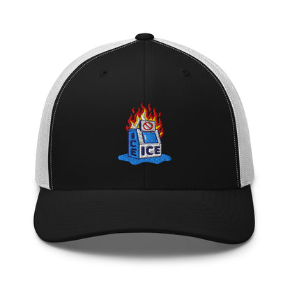 Black and white Abolish ICE Burning Machine Trucker Hat by TheBlackest Co., featuring bold embroidery and adjustable snapback fit.