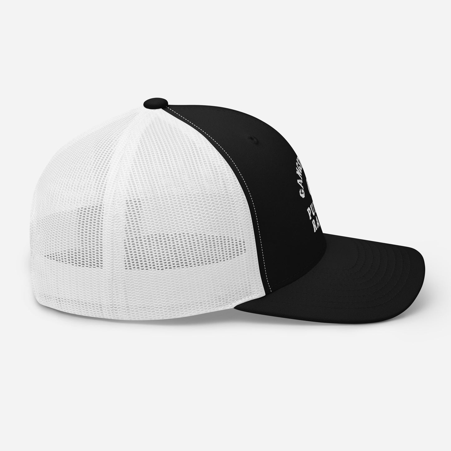 Side profile of Gangsta Rap & Public Radio Retro Trucker Cap with black front and curved bill, paired with breathable white mesh back panels.