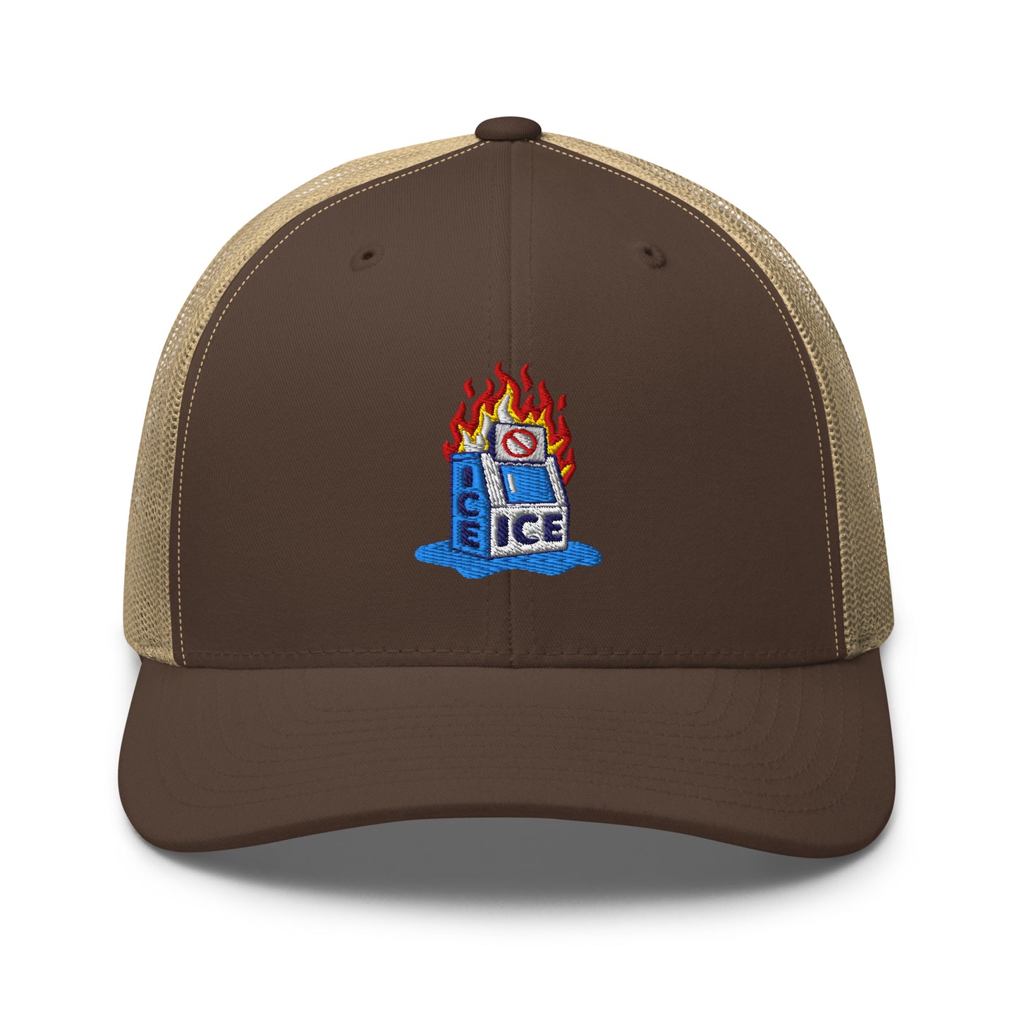 Brown and tan Abolish ICE Burning Machine Trucker Hat by TheBlackest Co., with mesh back and bold embroidered flaming ice machine.