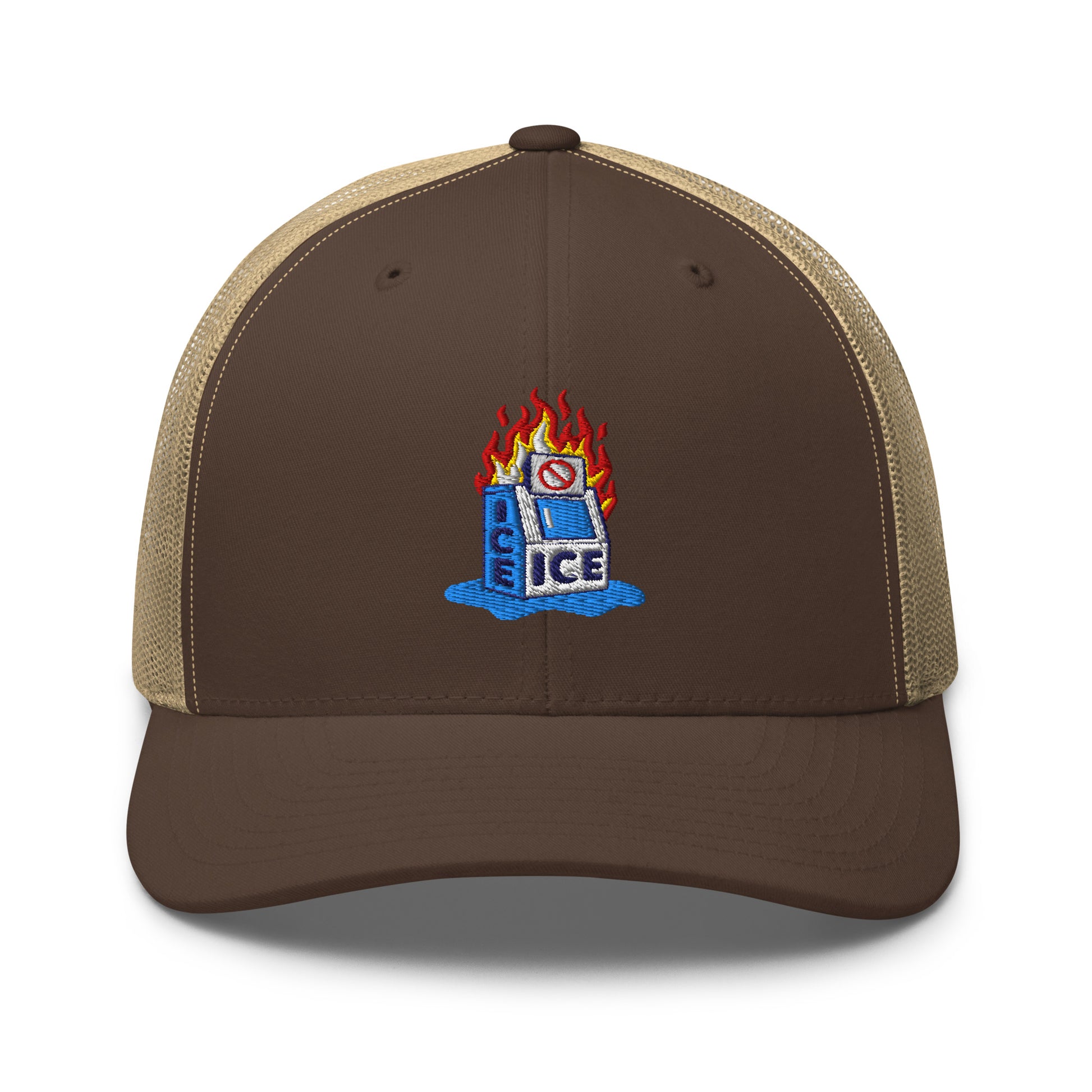 Brown and tan Abolish ICE Burning Machine Trucker Hat by TheBlackest Co., with mesh back and bold embroidered flaming ice machine.