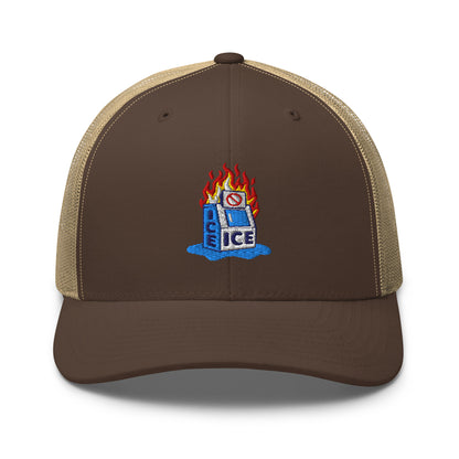 Brown and tan Abolish ICE Burning Machine Trucker Hat by TheBlackest Co., with mesh back and bold embroidered flaming ice machine.