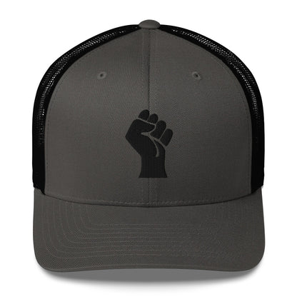 Front view of grey heather embroidered Power Fist trucker cap