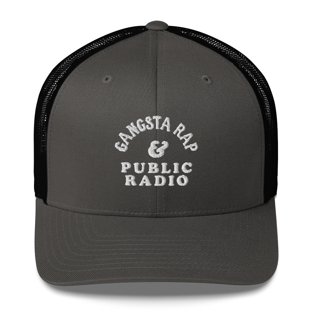 Gray and black Gangsta Rap & Public Radio Retro Trucker Cap with black mesh back and white embroidered lettering.