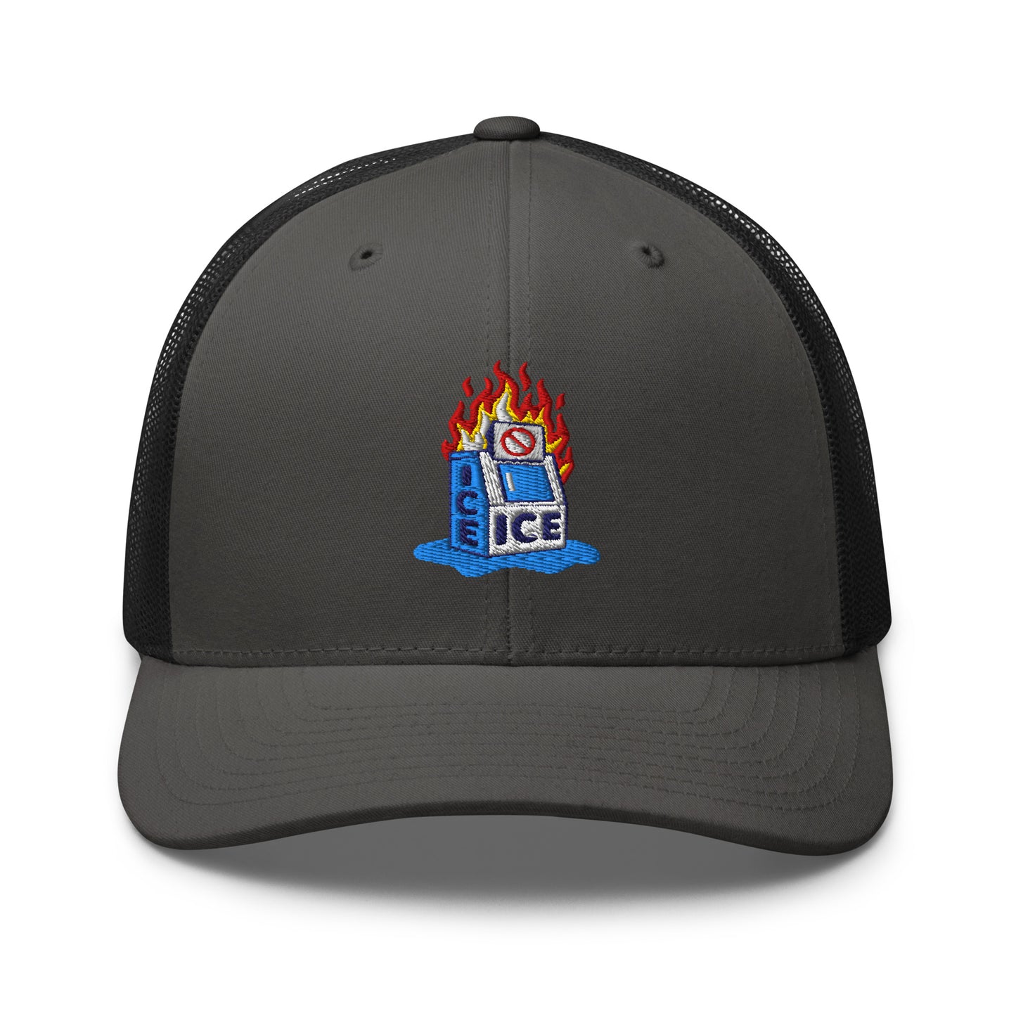 Dark gray Abolish ICE Burning Machine Trucker Hat by TheBlackest Co., featuring curved visor and vibrant embroidered protest graphic.