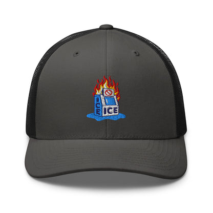 Dark gray Abolish ICE Burning Machine Trucker Hat by TheBlackest Co., featuring curved visor and vibrant embroidered protest graphic.