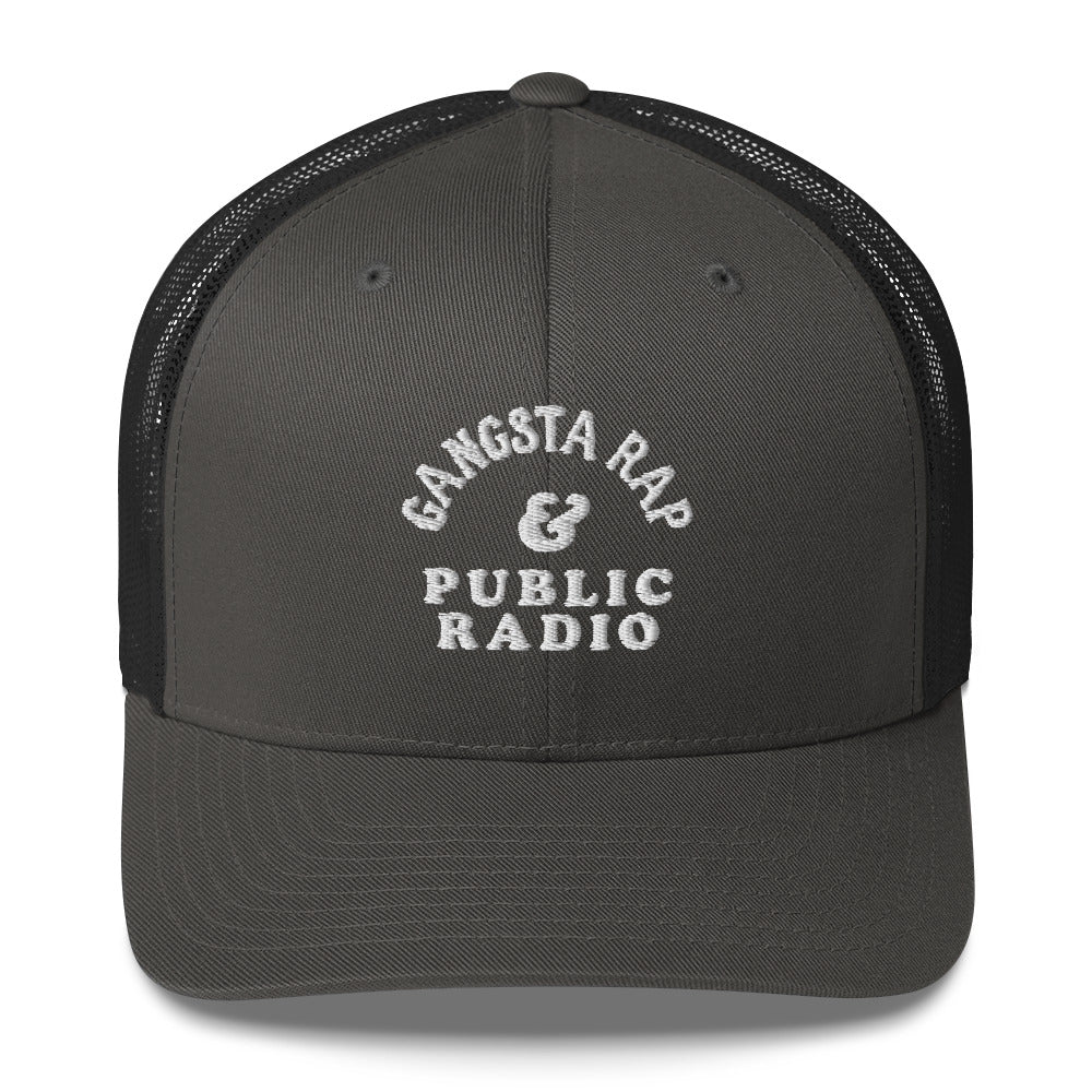 Dark gray Gangsta Rap & Public Radio Retro Trucker Cap with black mesh back and white embroidered front design.