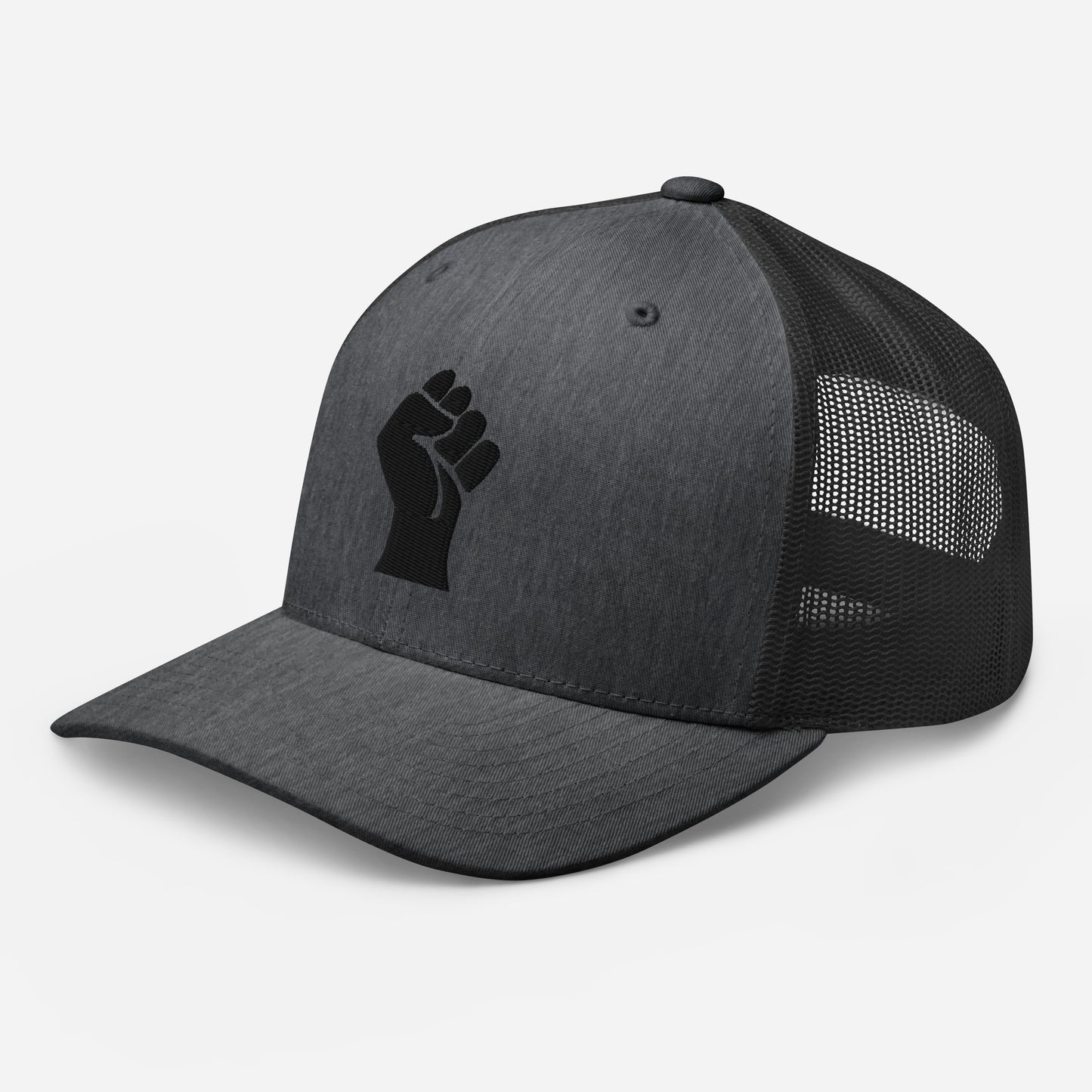 Side view of dark gray embroidered Power Fist trucker cap