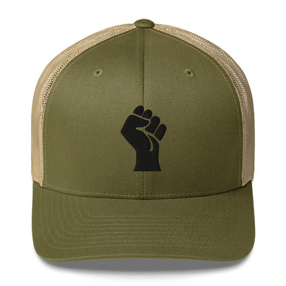 Front view of olive embroidered Power Fist trucker cap