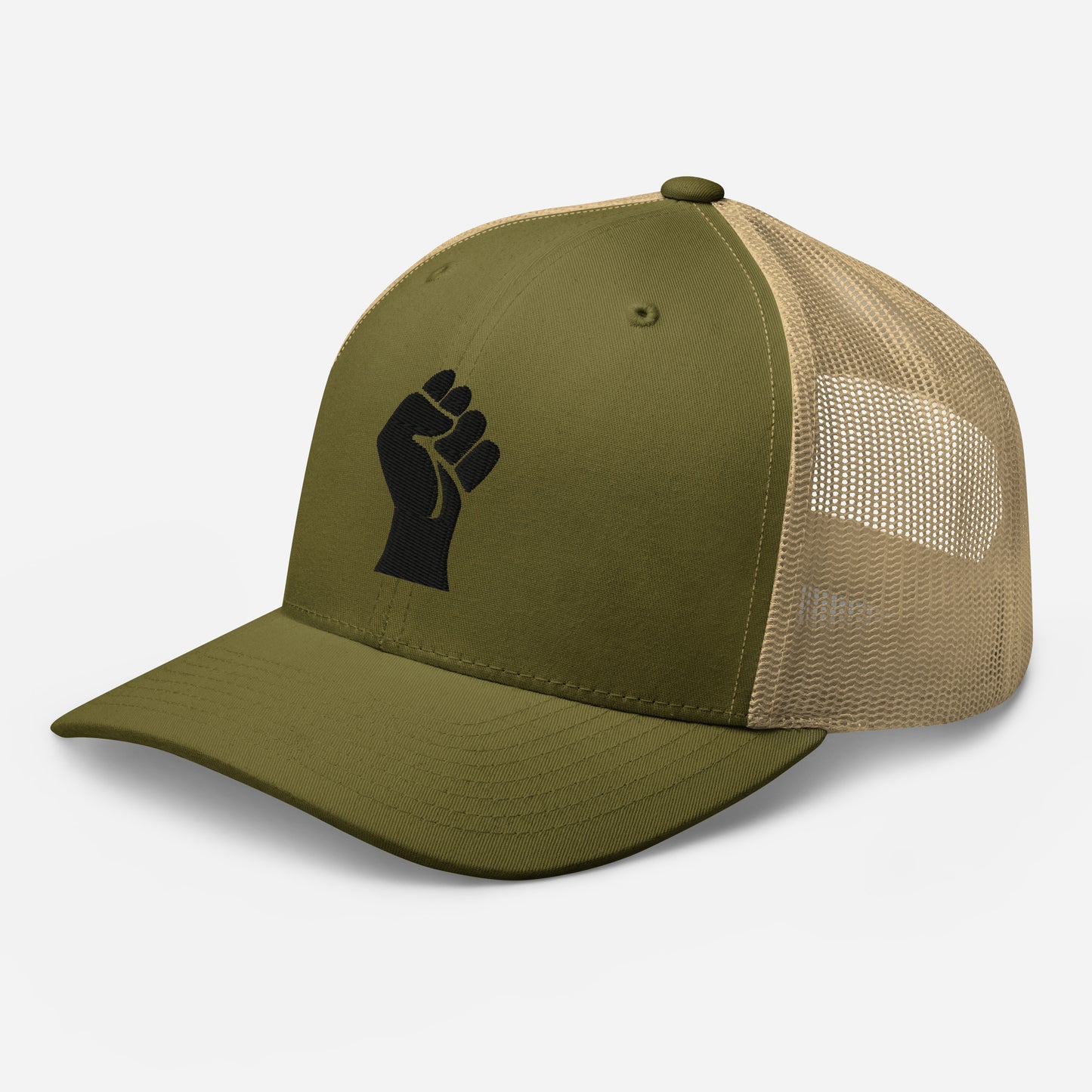 Side view of olive embroidered Power Fist trucker cap