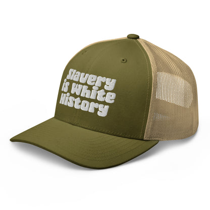 Olive and tan Slavery Is White History Trucker Hat by TheBlackest Co., featuring bold white embroidery and breathable mesh back.