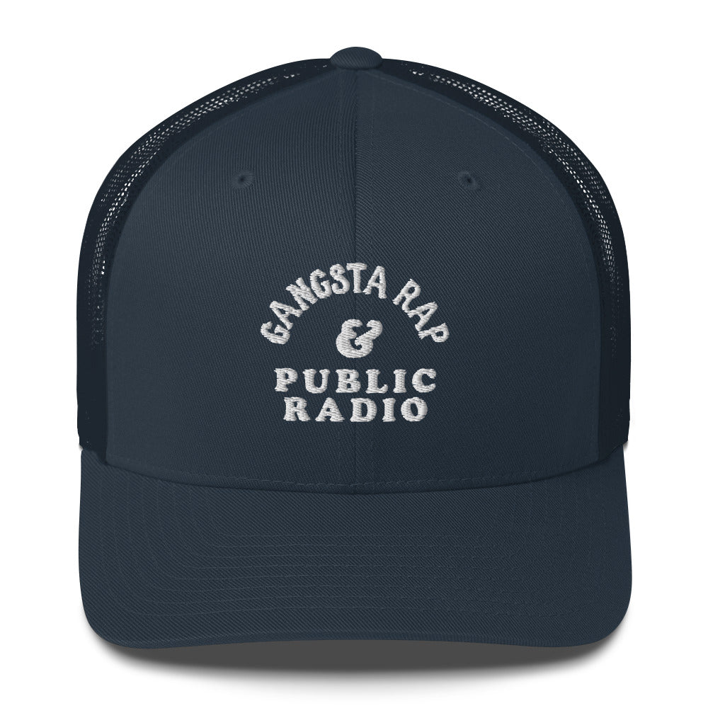 Navy blue Gangsta Rap & Public Radio Retro Trucker Cap with matching mesh back and white embroidered front design.