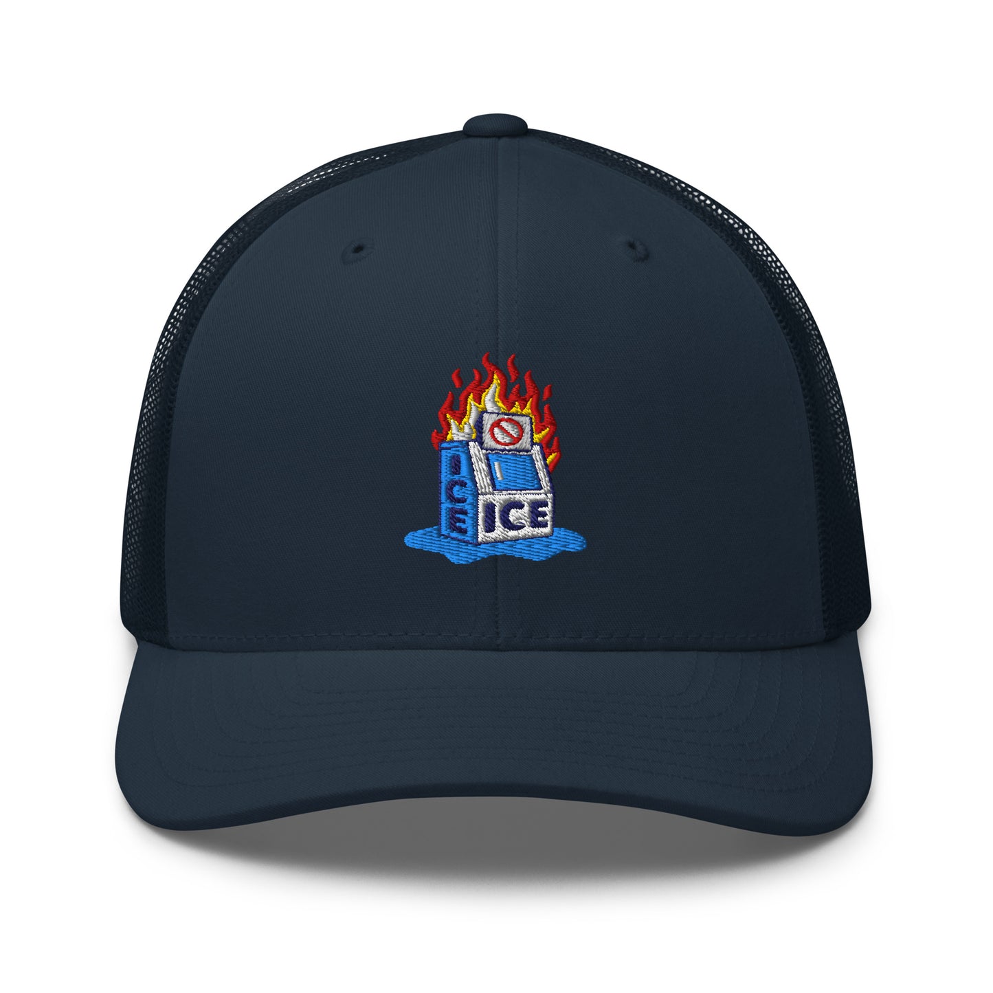 Navy blue Abolish ICE Burning Machine Trucker Hat by TheBlackest Co. with mesh back and embroidered protest-themed front design.