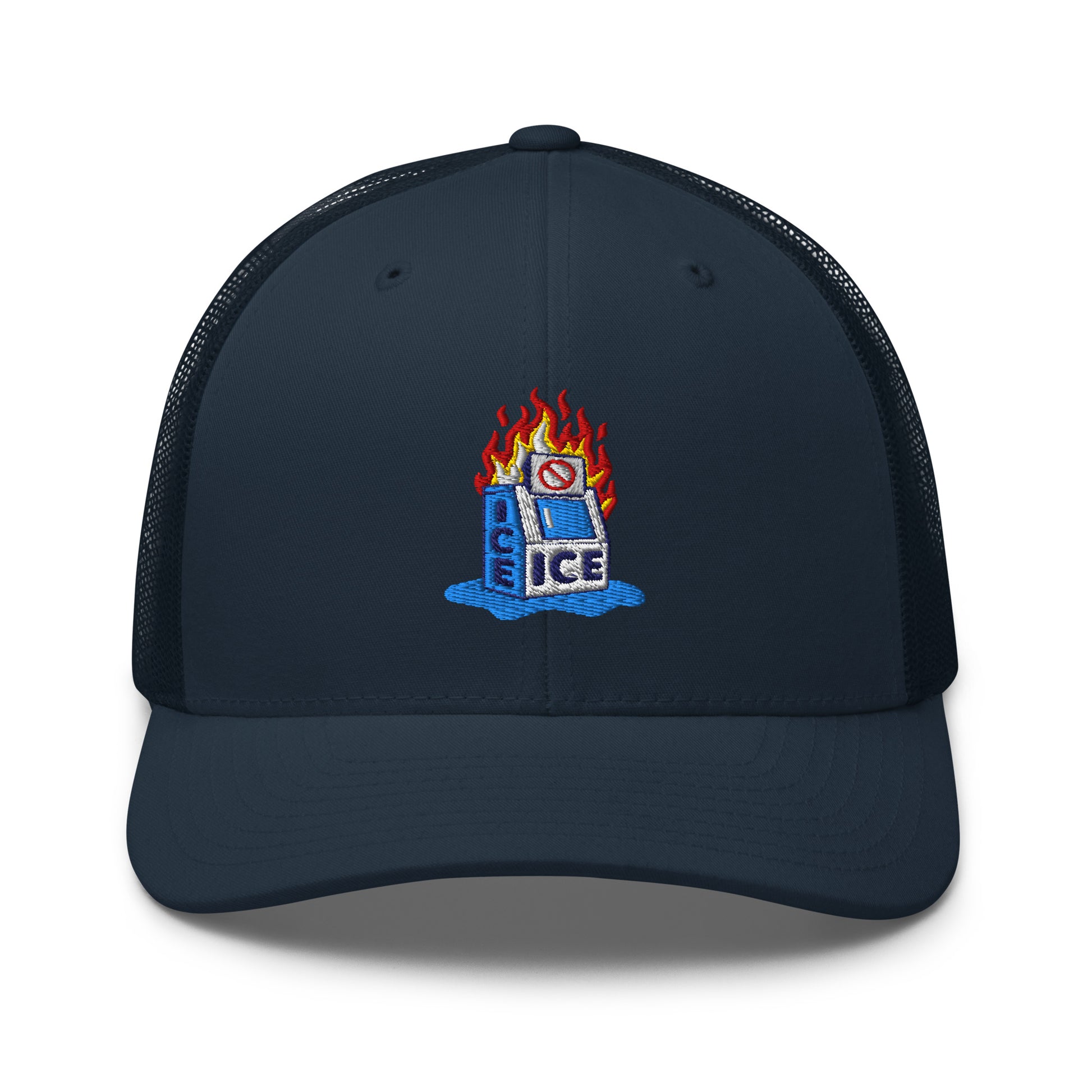Navy blue Abolish ICE Burning Machine Trucker Hat by TheBlackest Co. with mesh back and embroidered protest-themed front design.