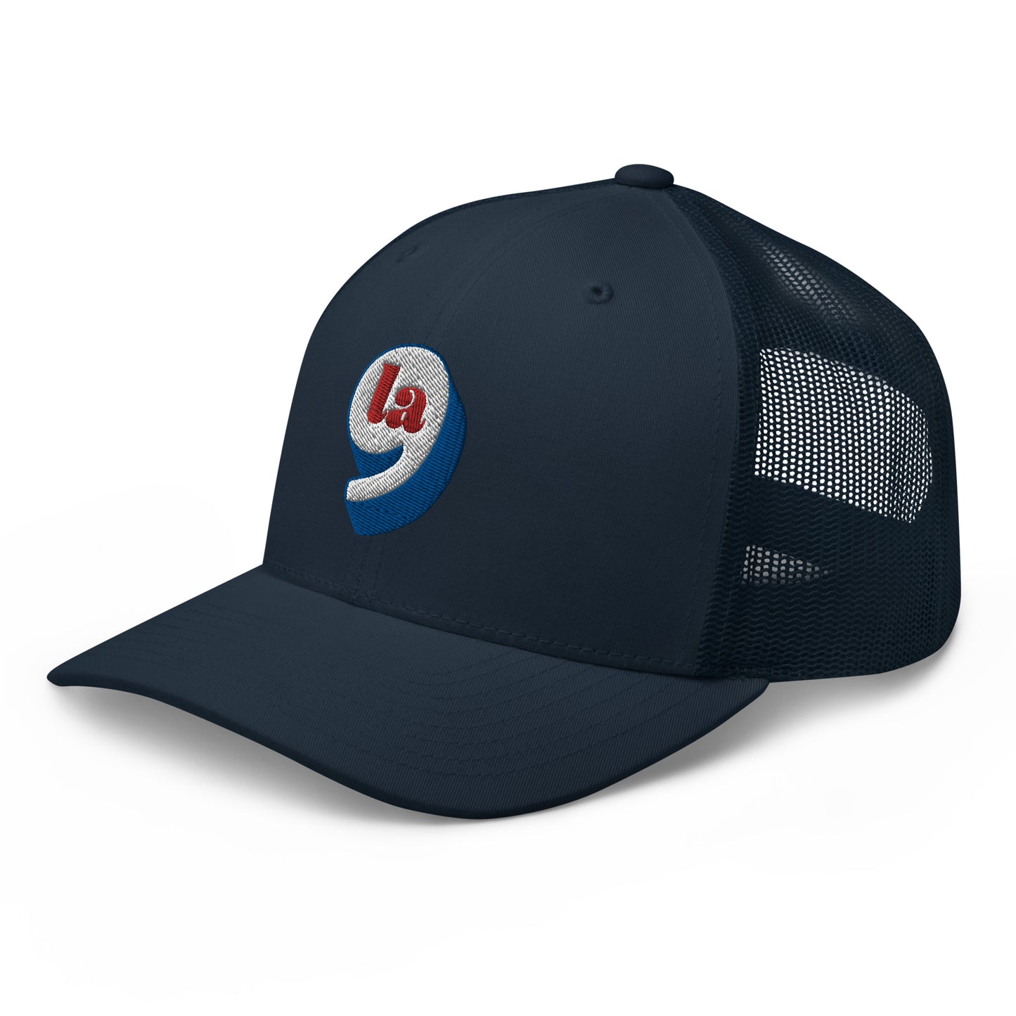 Side view of black mesh Red White Blue Comma La Cap